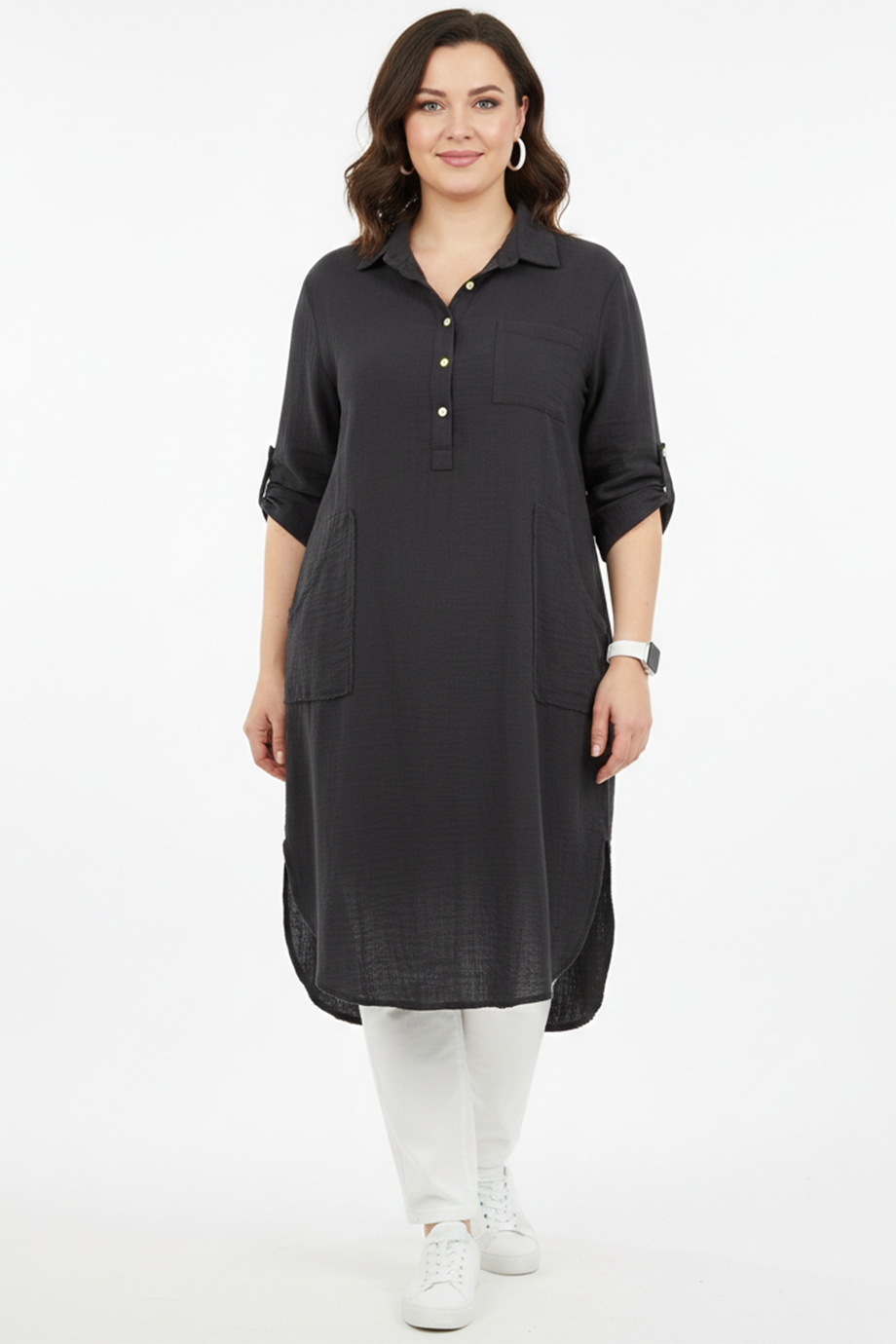 Musalux Büyük Beden Müslin Kumaş Tunik Elbise Siyah