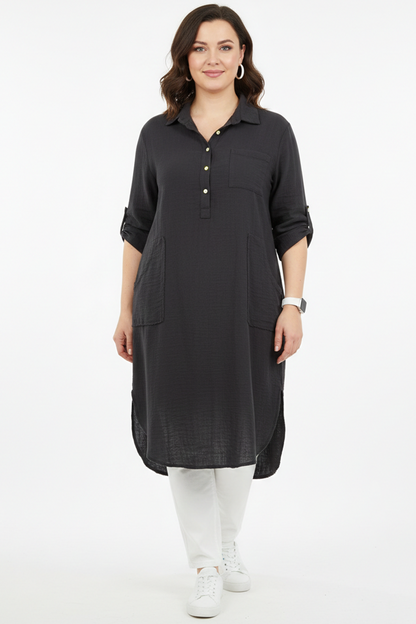 Musalux Büyük Beden Müslin Kumaş Tunik Elbise Siyah