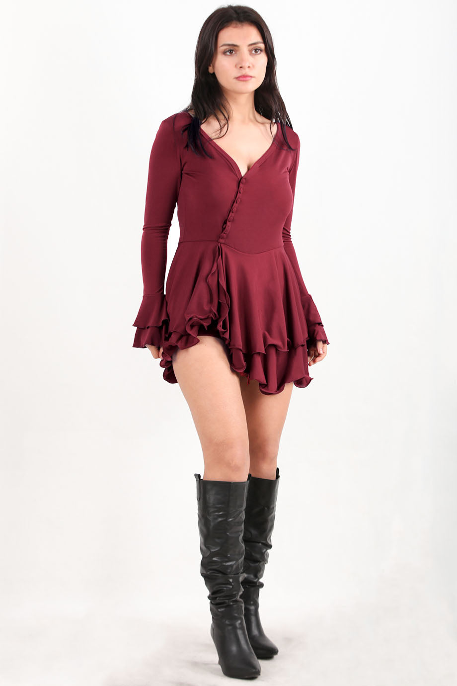 Miniwave Kadın Etek Fırfırlı Kısa Elbise Bordo