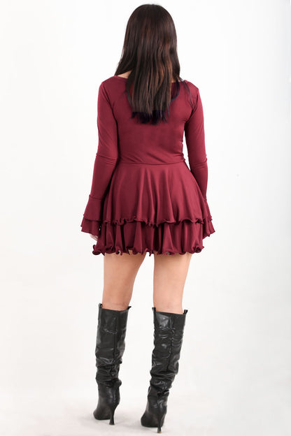 Miniwave Kadın Etek Fırfırlı Kısa Elbise Bordo
