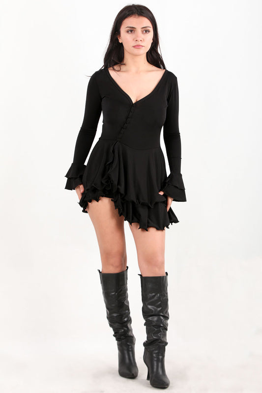 Miniwave Kadın Etek Fırfırlı Kısa Elbise Siyah