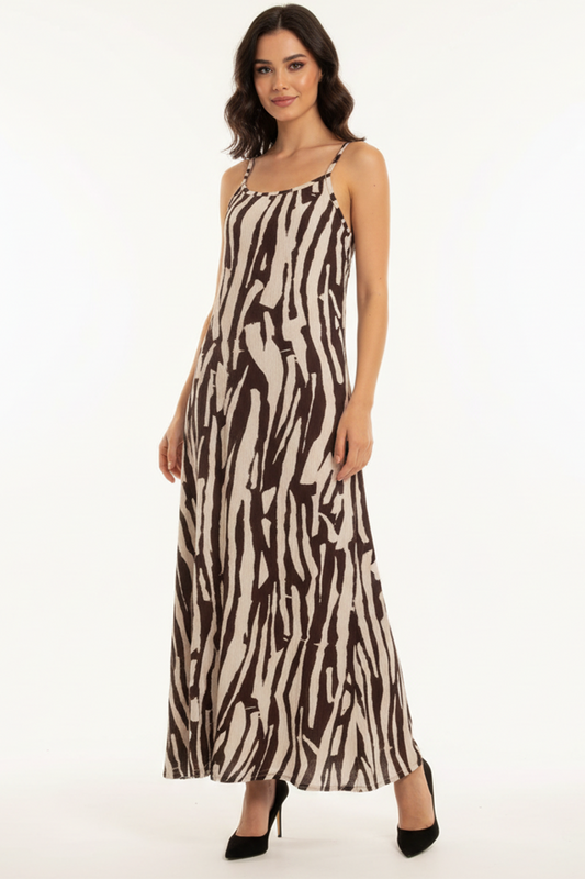 Kadın Desenli Ayar Tokalı İp Askılı Elbise  Kahverengi