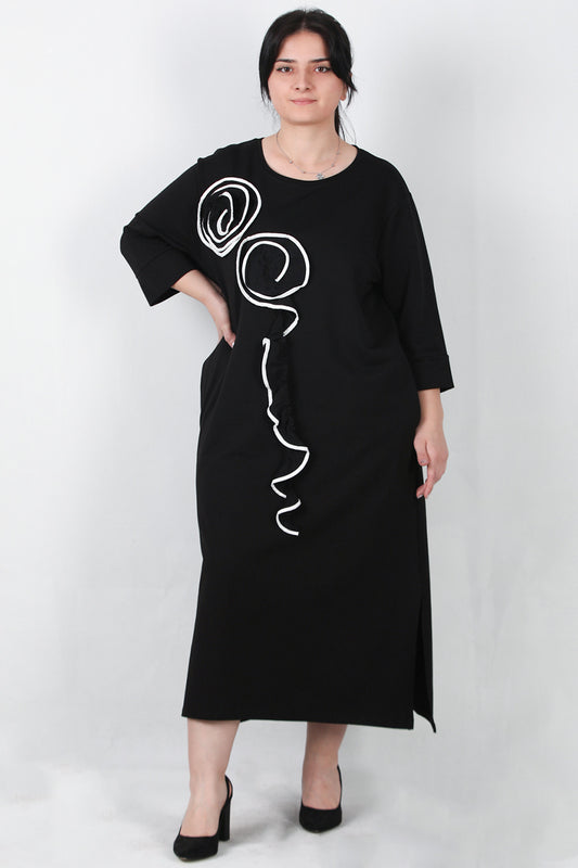 Cascade Büyük Beden Ön Fırfır Detay Elbise Siyah