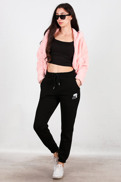 Kadın Kedi Nakışlı Üç İplik Eşofman Siyah