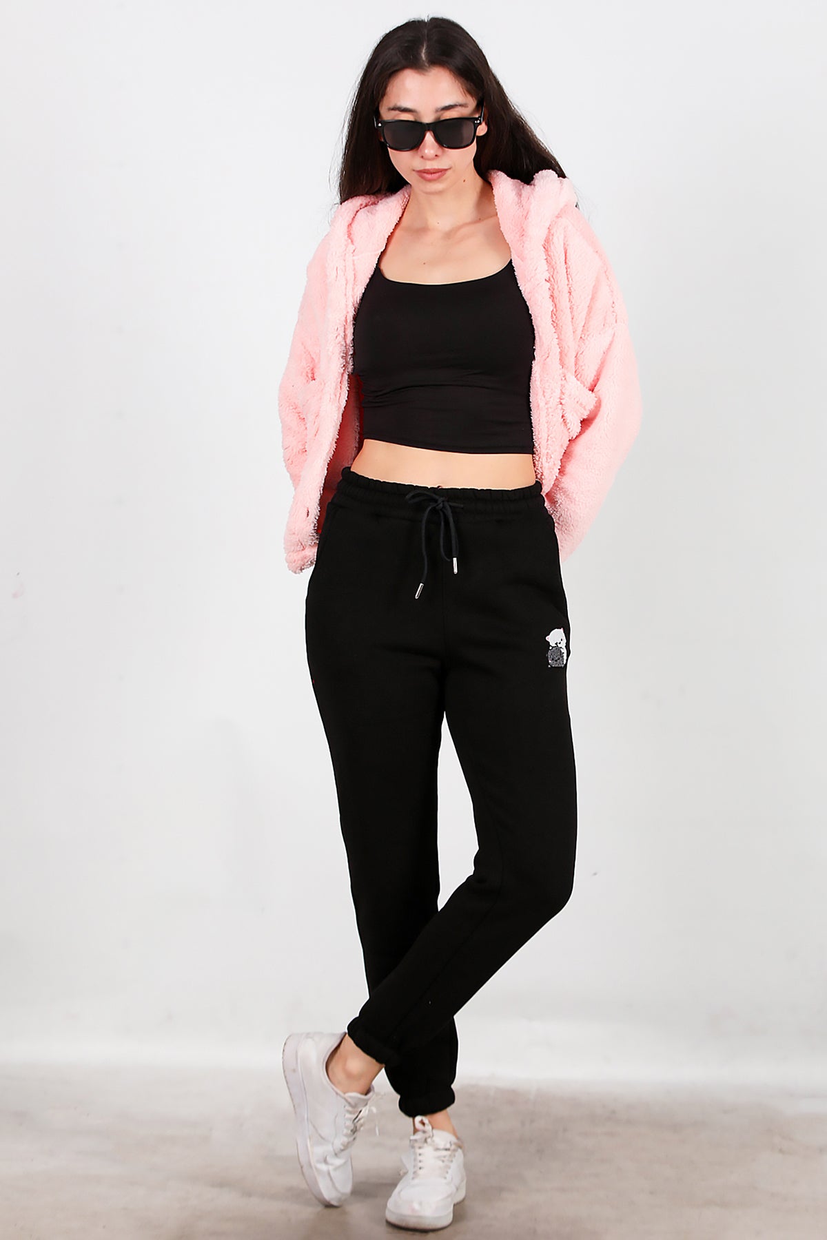 Kadın Kedi Nakışlı Üç İplik Eşofman Siyah