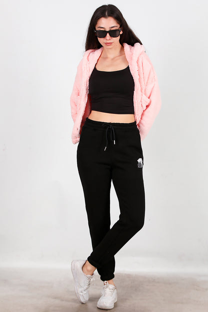 Kadın Kedi Nakışlı Üç İplik Eşofman Siyah