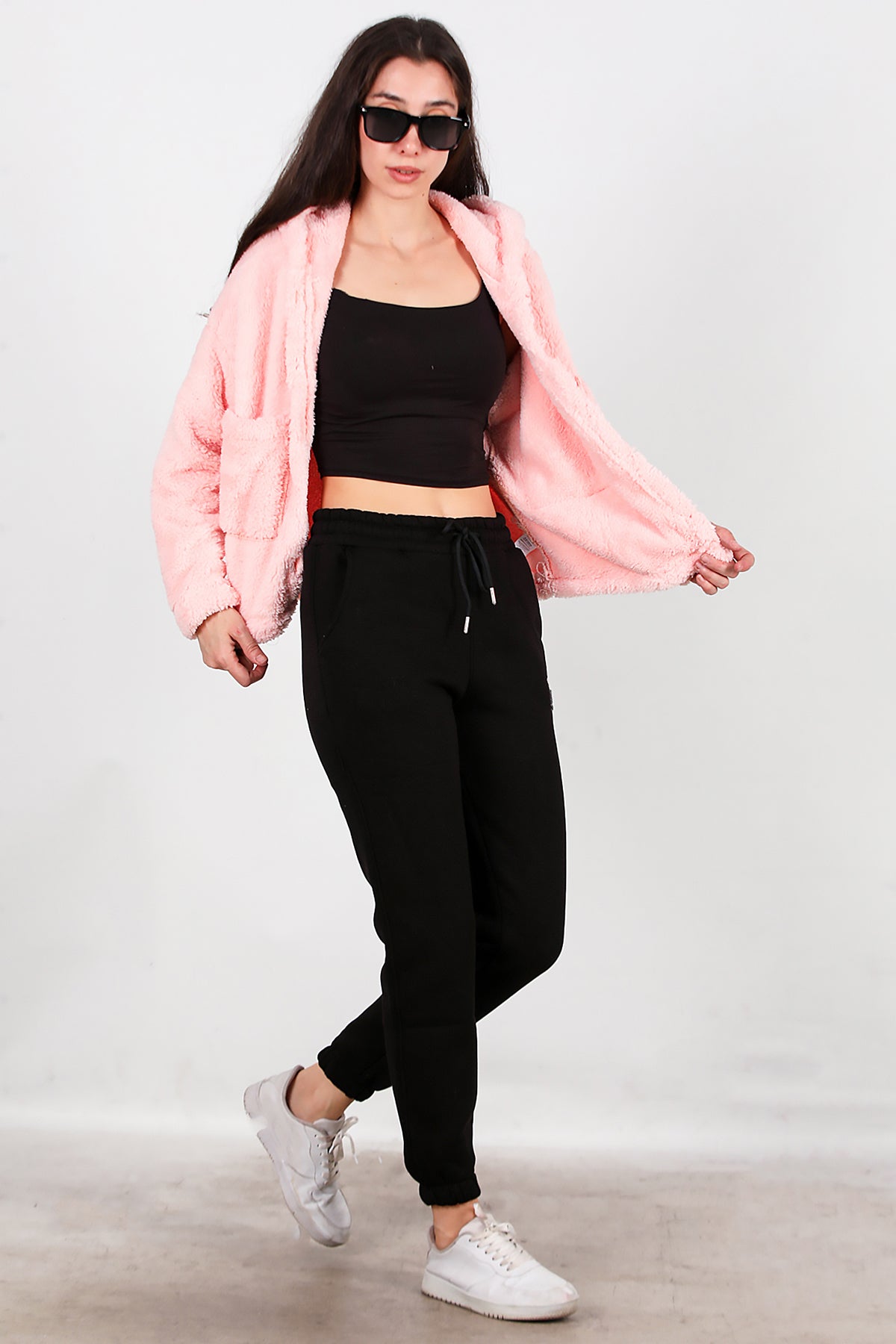 Kadın Kedi Nakışlı Üç İplik Eşofman Siyah