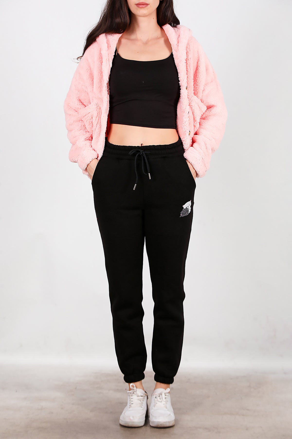 Kadın Kedi Nakışlı Üç İplik Eşofman Siyah