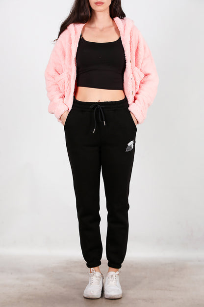 Kadın Kedi Nakışlı Üç İplik Eşofman Siyah