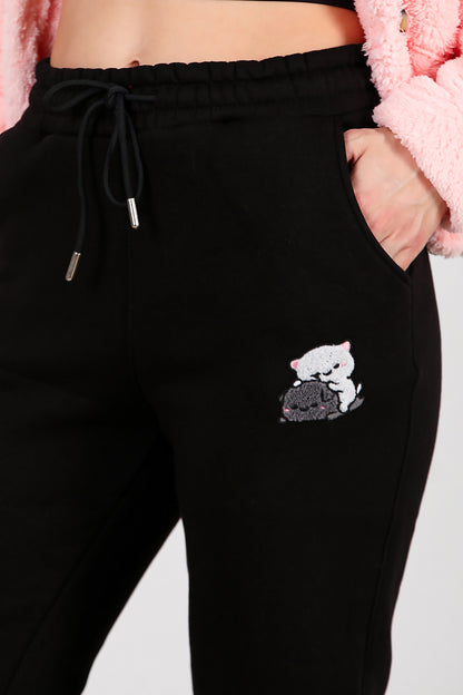 Kadın Kedi Nakışlı Üç İplik Eşofman Siyah