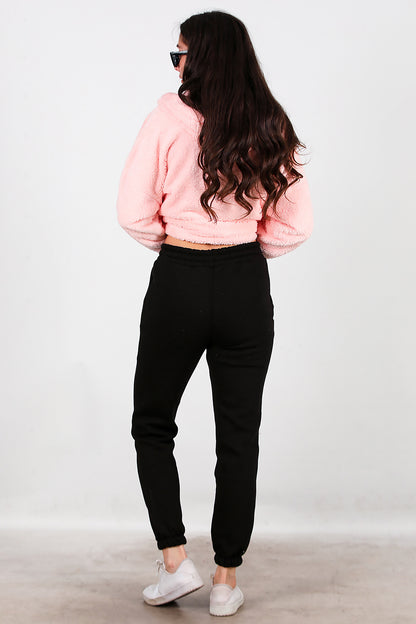 Kadın Kedi Nakışlı Üç İplik Eşofman Siyah