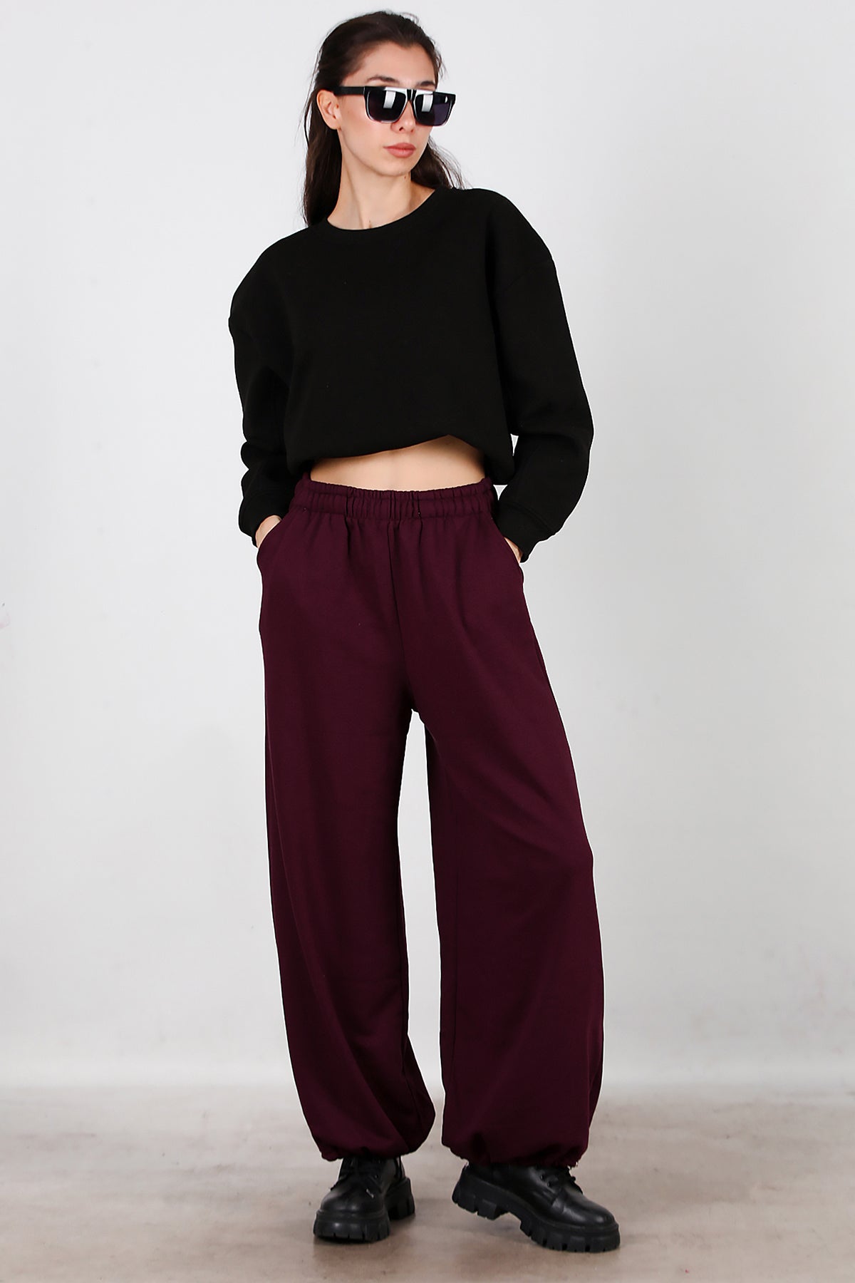 Kadın Cepli Paça Lastikli Eşofman Bordo