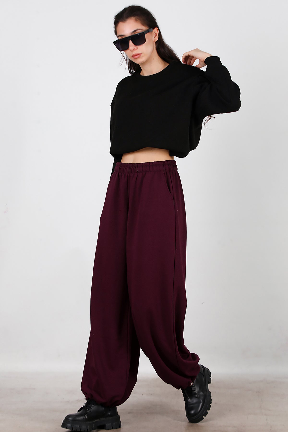Kadın Cepli Paça Lastikli Eşofman Bordo