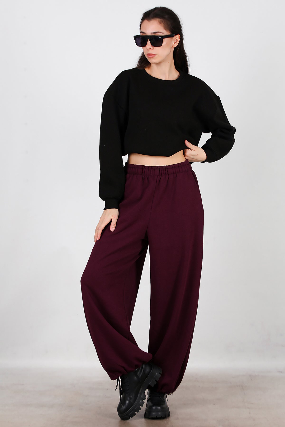 Kadın Cepli Paça Lastikli Eşofman Bordo