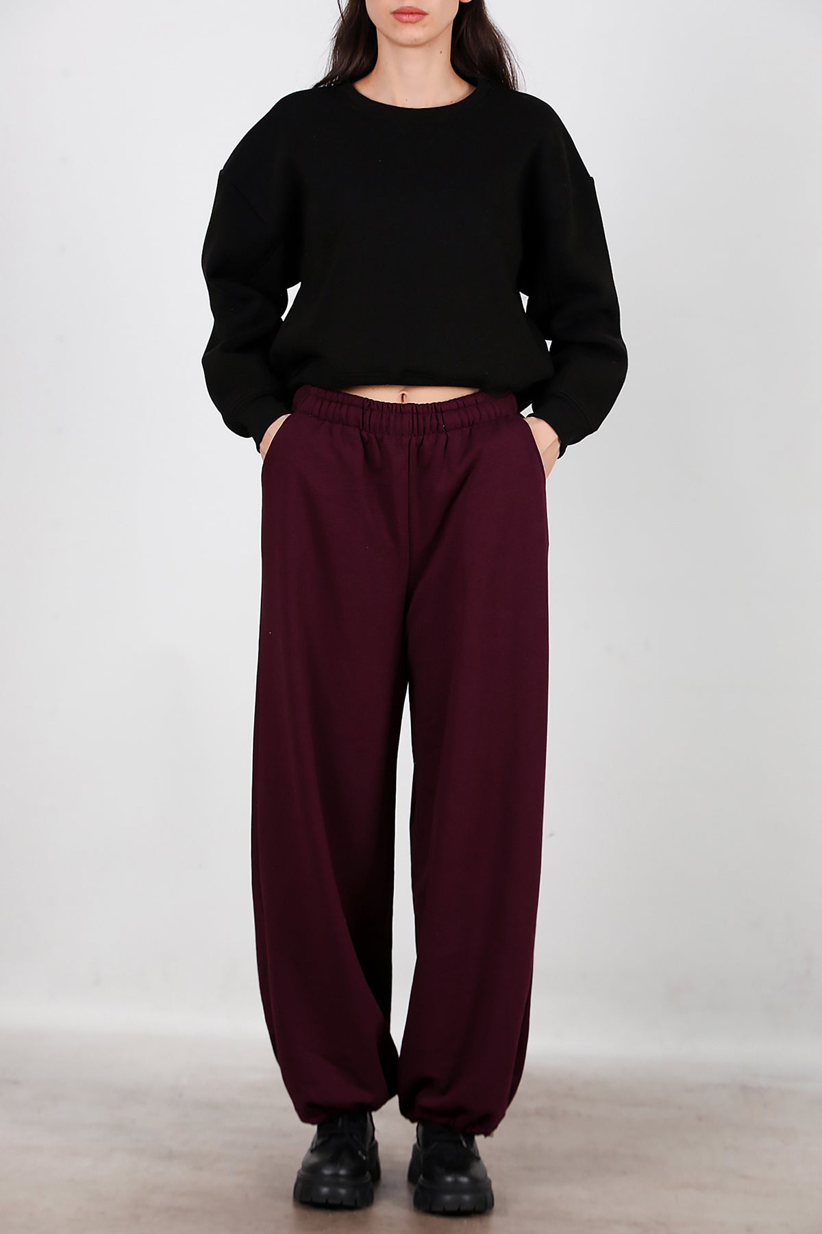 Kadın Cepli Paça Lastikli Eşofman Bordo