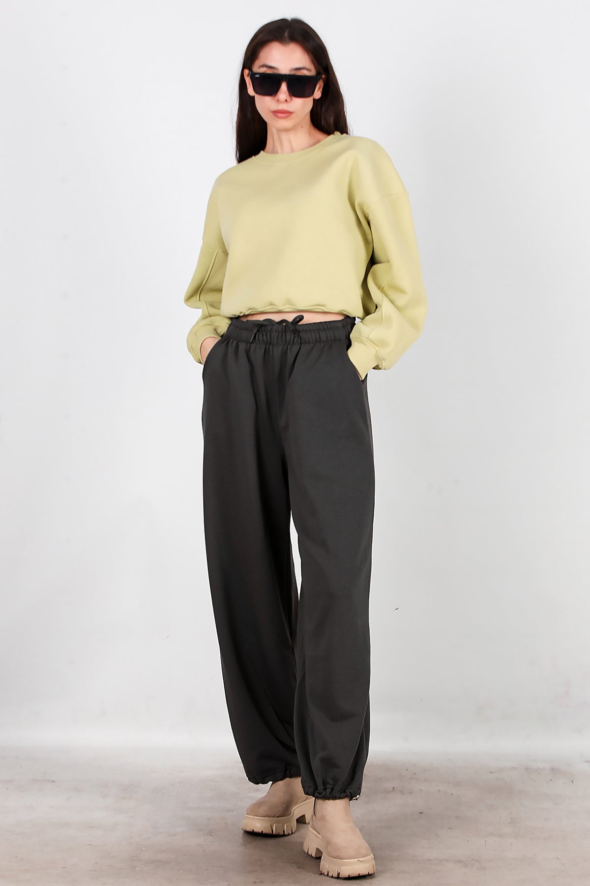 Kadın Cepli Paça Lastikli Eşofman Füme