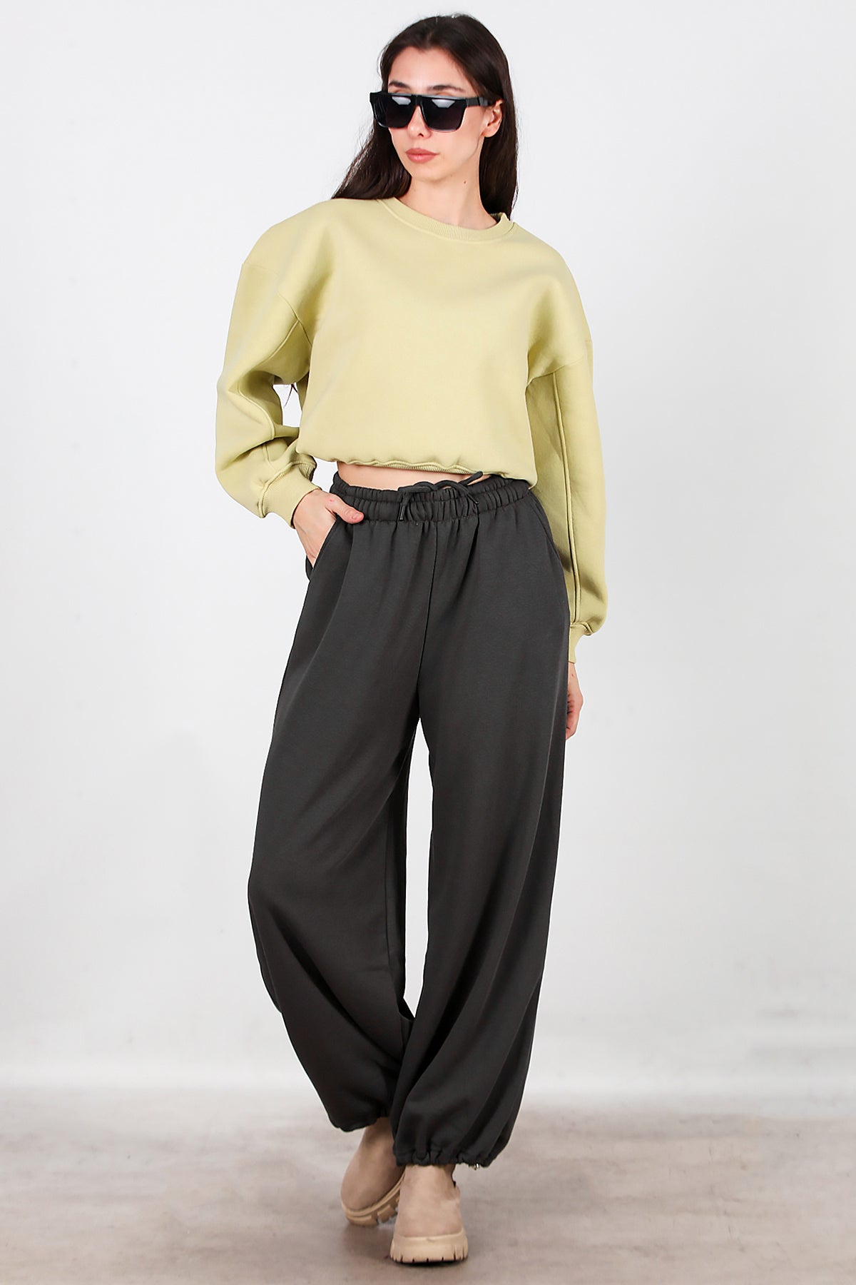 Kadın Cepli Paça Lastikli Eşofman Füme