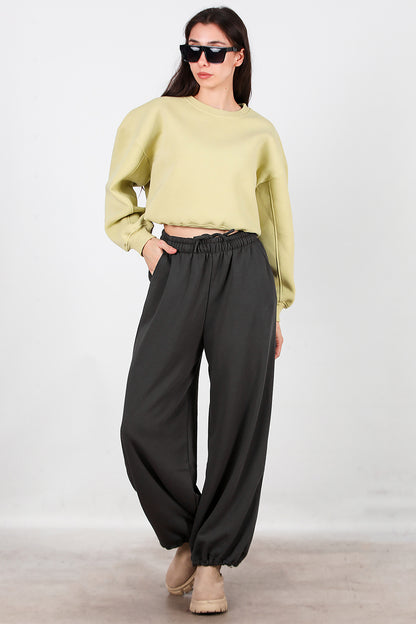 Kadın Cepli Paça Lastikli Eşofman Füme