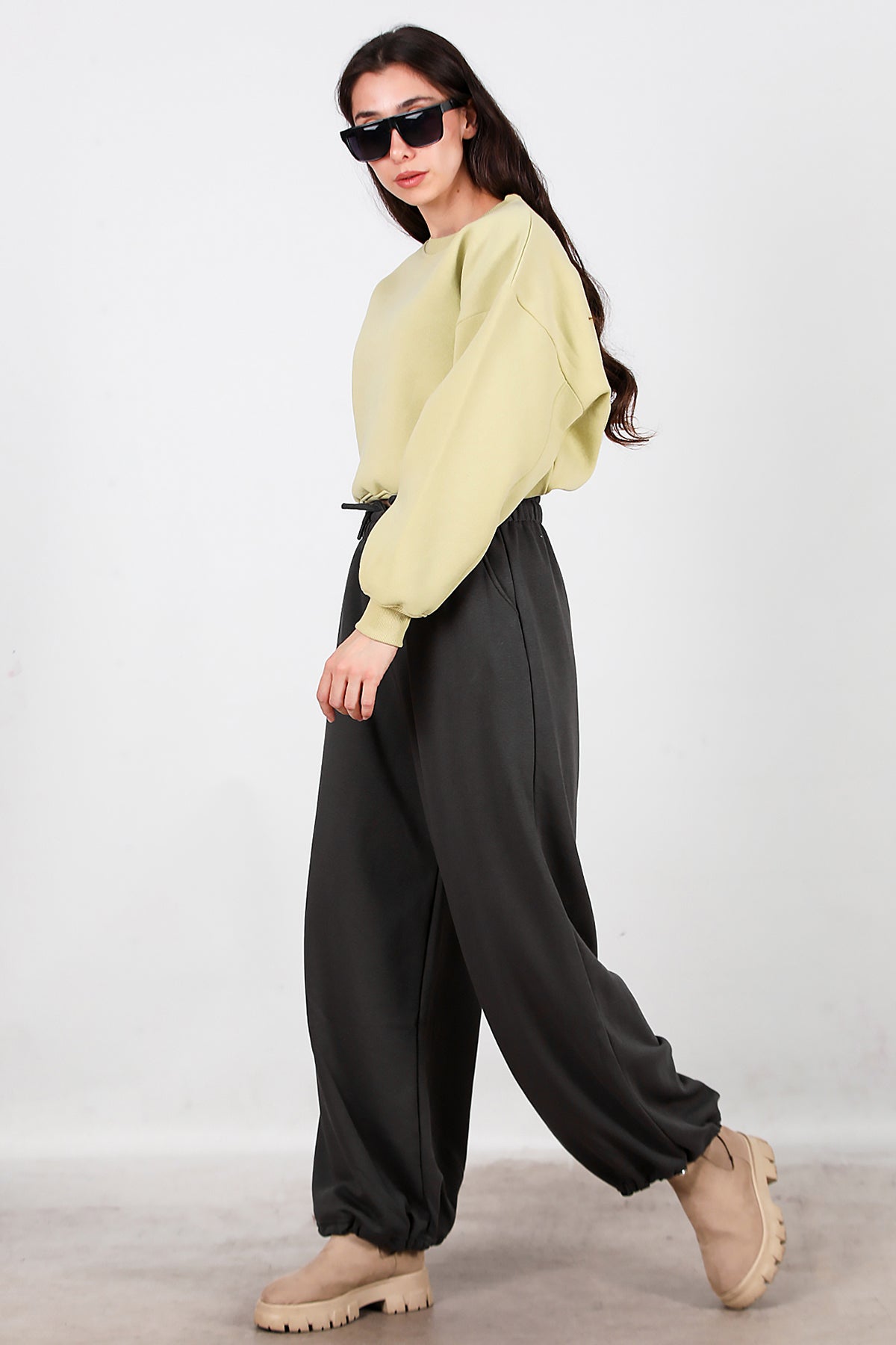 Kadın Cepli Paça Lastikli Eşofman Füme