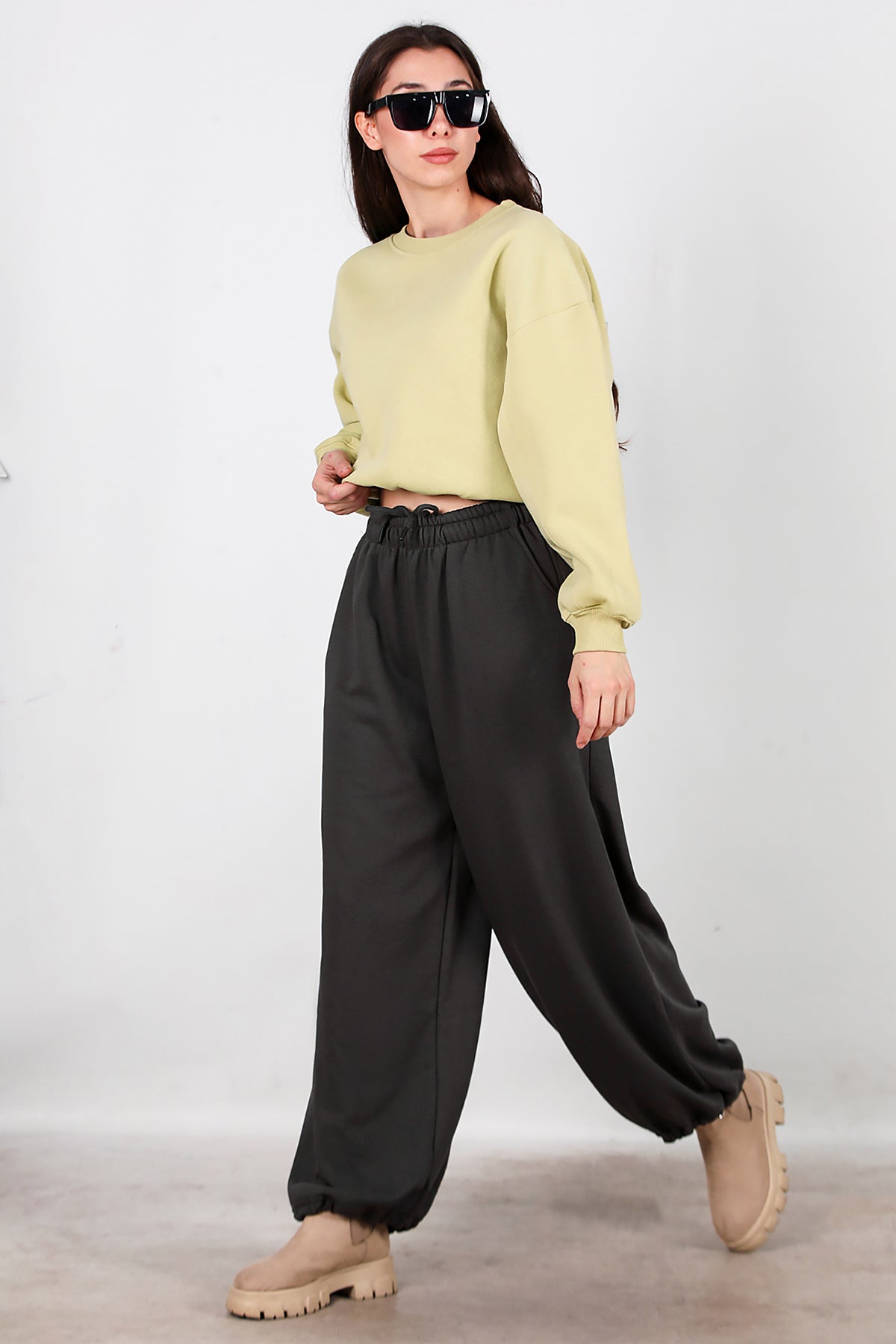 Kadın Cepli Paça Lastikli Eşofman Füme