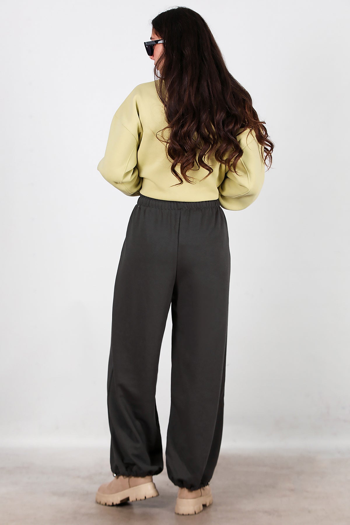 Kadın Cepli Paça Lastikli Eşofman Füme