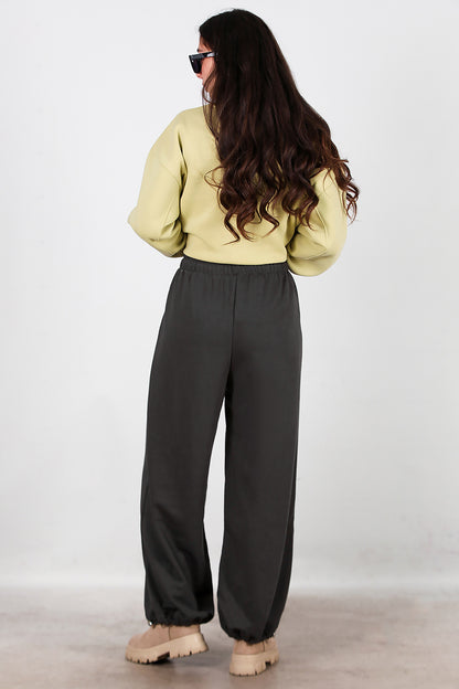 Kadın Cepli Paça Lastikli Eşofman Füme