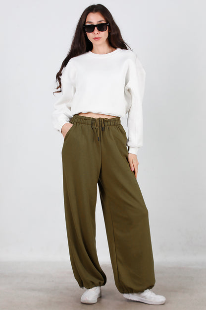Kadın Cepli Paça Lastikli Eşofman Haki