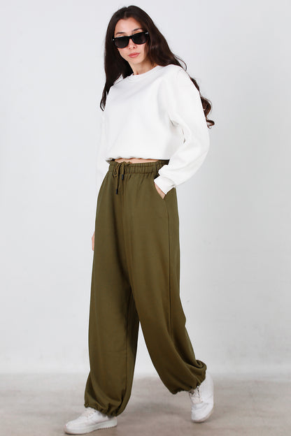 Kadın Cepli Paça Lastikli Eşofman Haki
