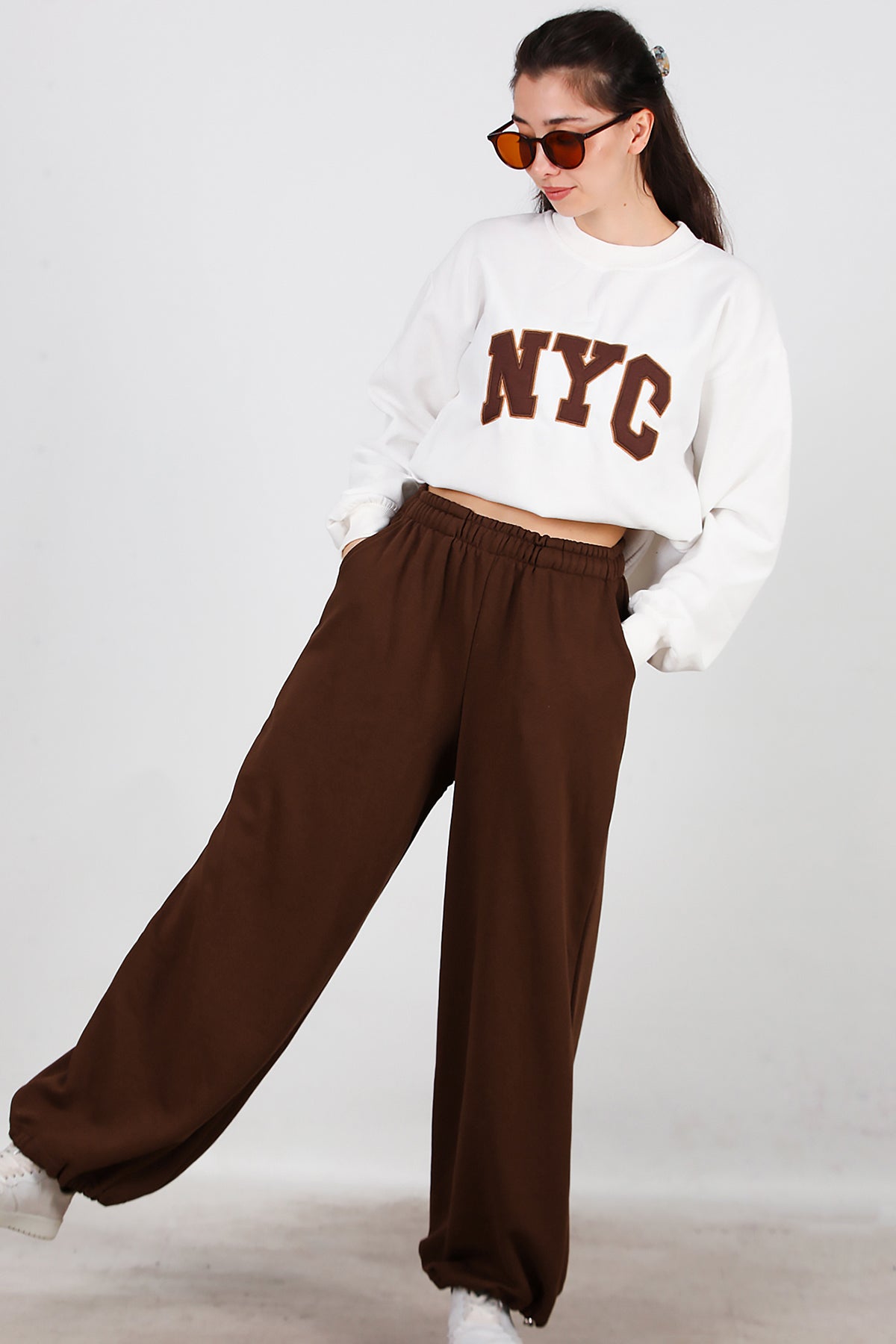 Kadın Cepli Paça Lastikli Eşofman Kahverengi