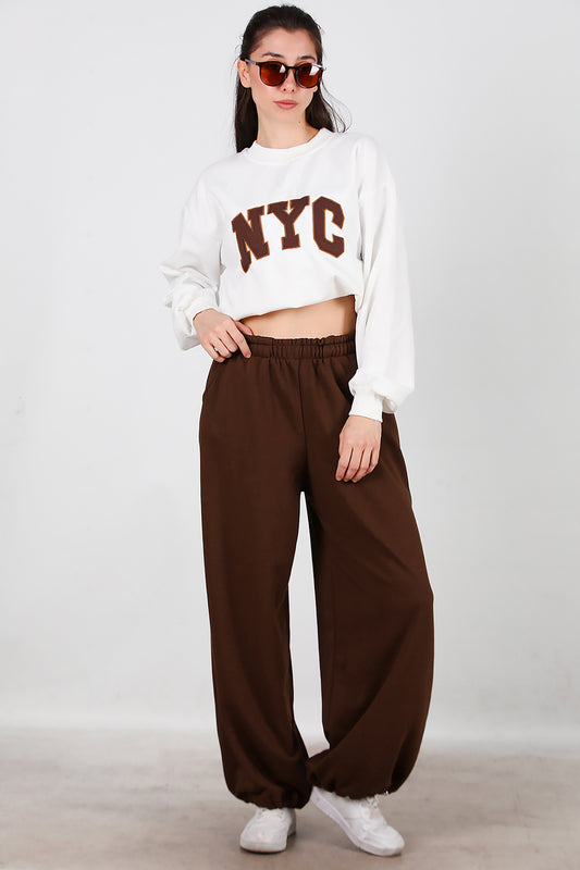 Kadın Cepli Paça Lastikli Eşofman Kahverengi