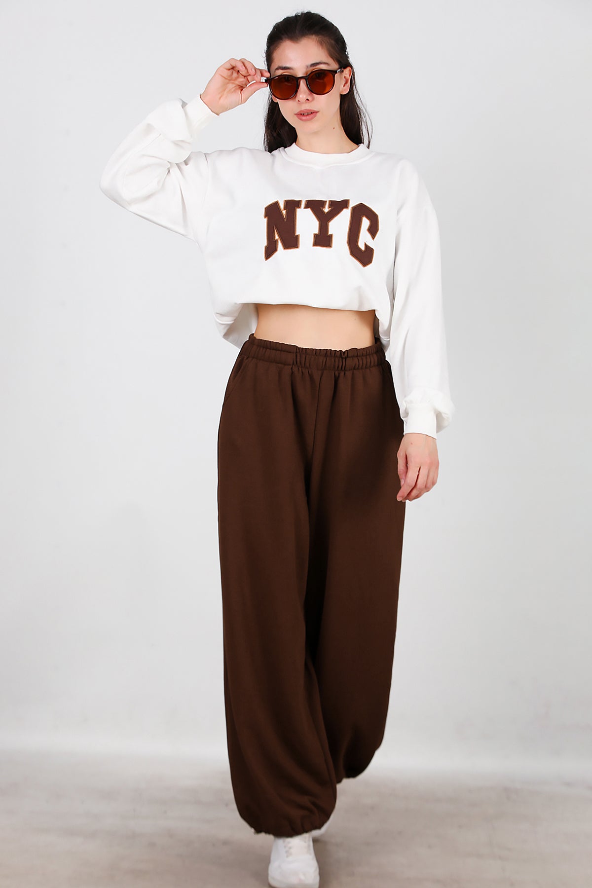 Kadın Cepli Paça Lastikli Eşofman Kahverengi