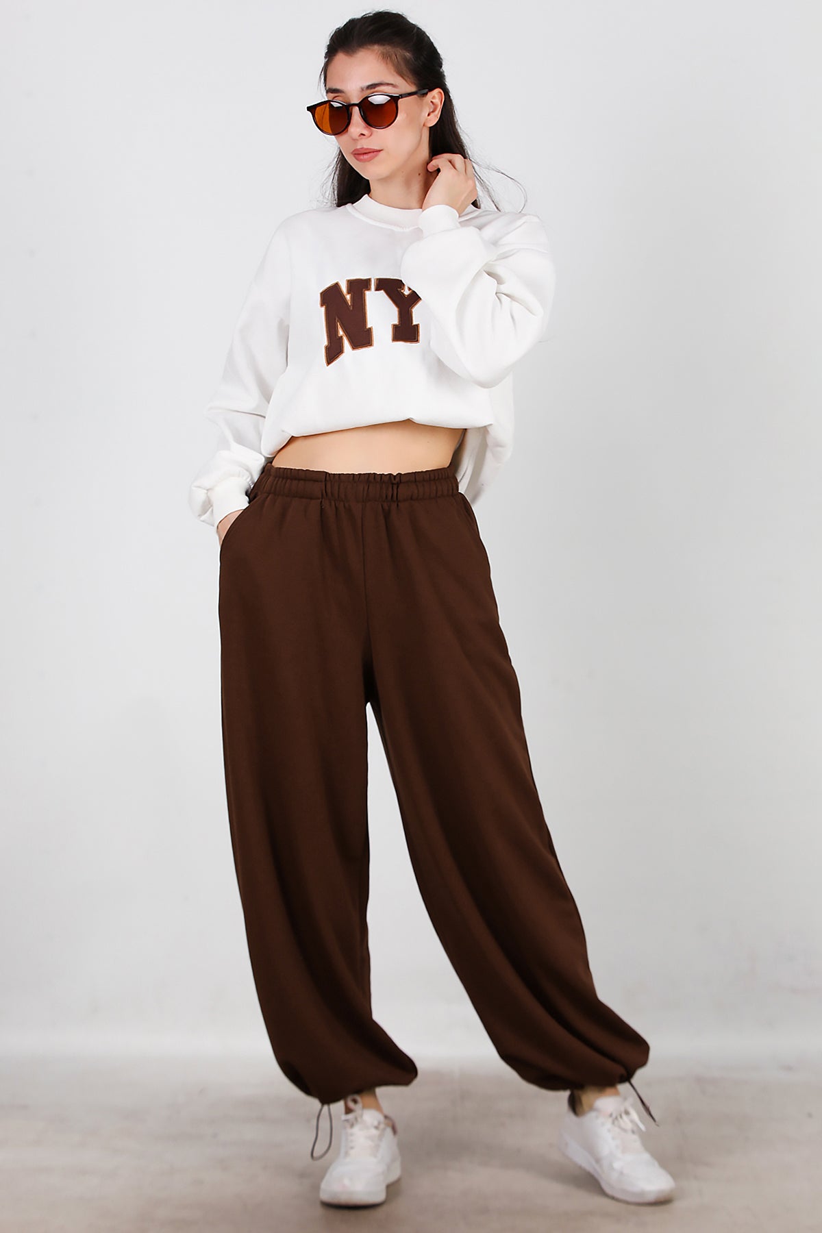 Kadın Cepli Paça Lastikli Eşofman Kahverengi