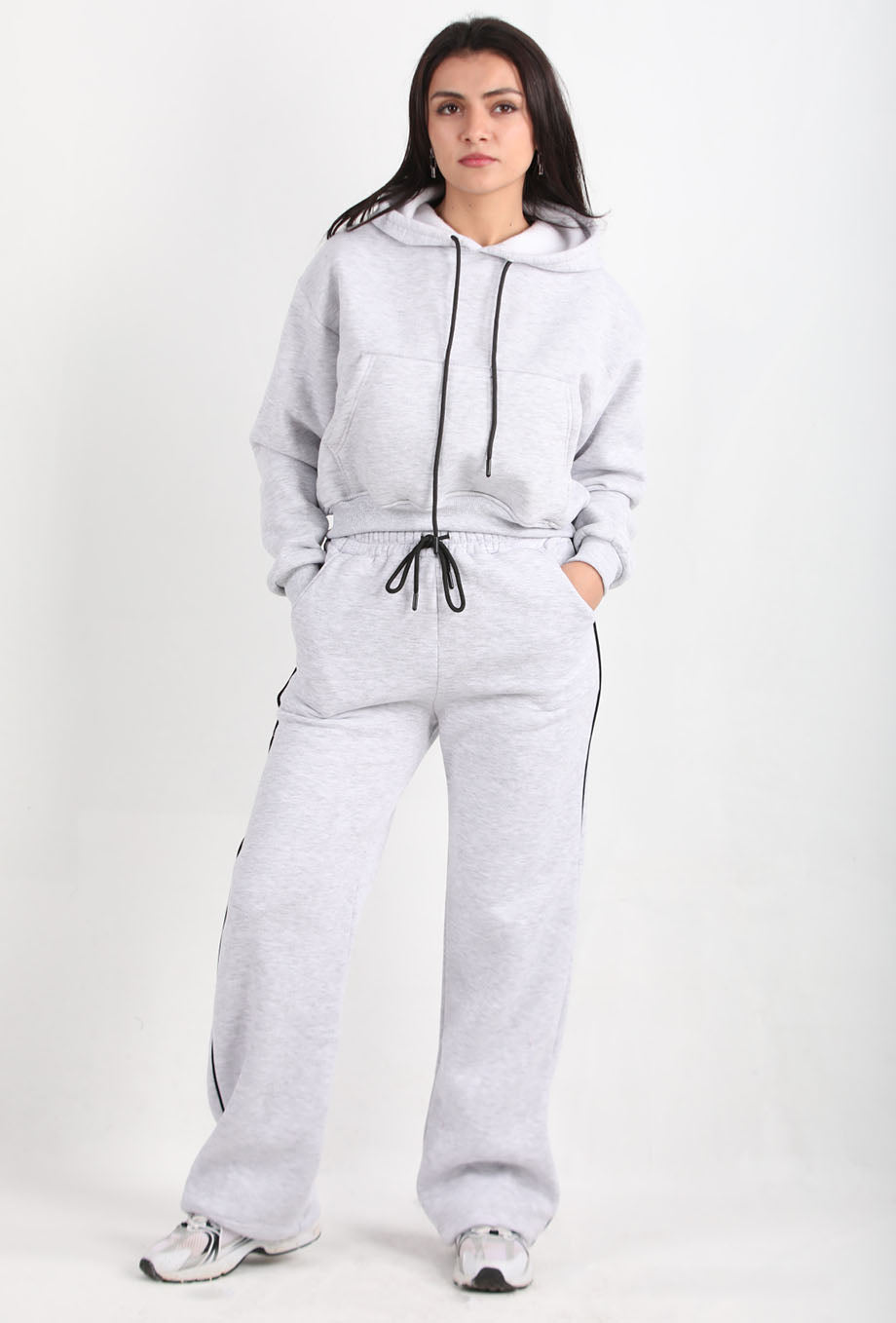 Relaxra Kadın Yan Şeritli 3iplik Pol Paça Eşofman Açık Gri