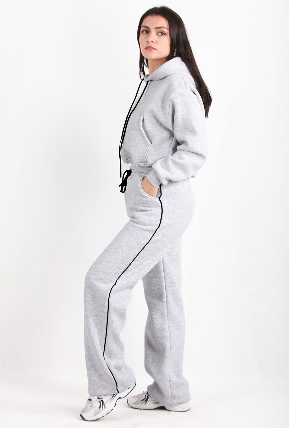 Relaxra Kadın Yan Şeritli 3iplik Pol Paça Eşofman Açık Gri