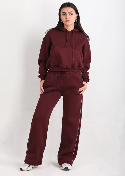 Relaxra Kadın Yan Şeritli 3iplik Pol Paça Eşofman  Bordo