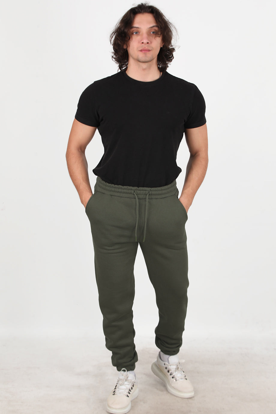 Solid Erkek Paça Lastikli 3 İplik Eşofman Haki