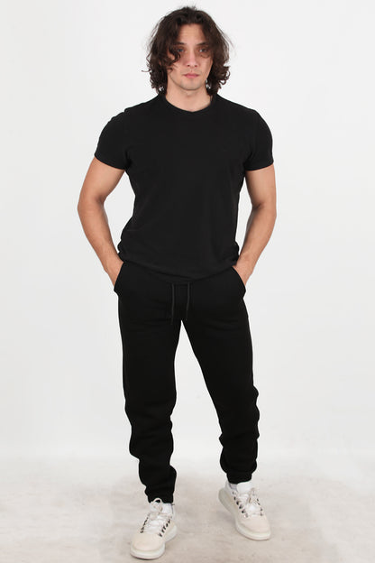 Solid Erkek Paça Lastikli 3 İplik Eşofman Siyah