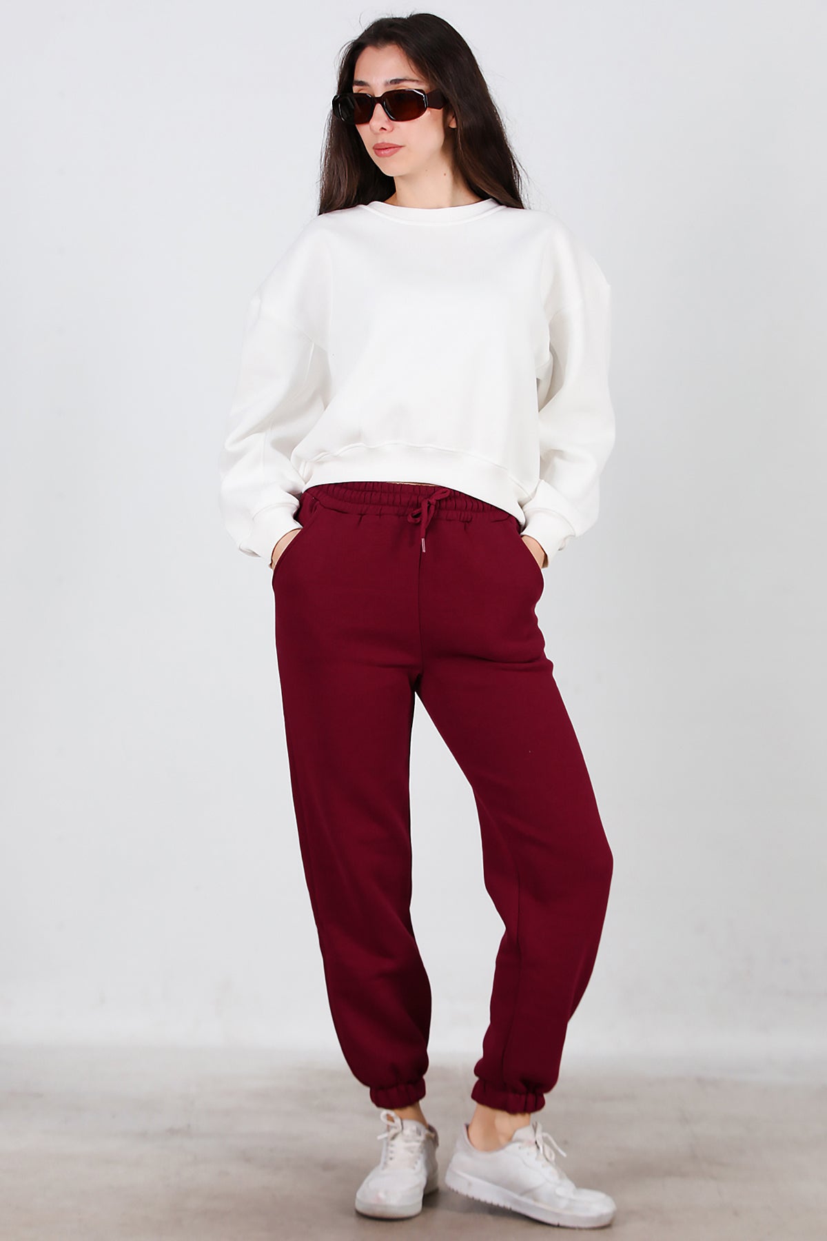 Kadın Bel Paça Lastikli Üç İplik Eşofman Bordo