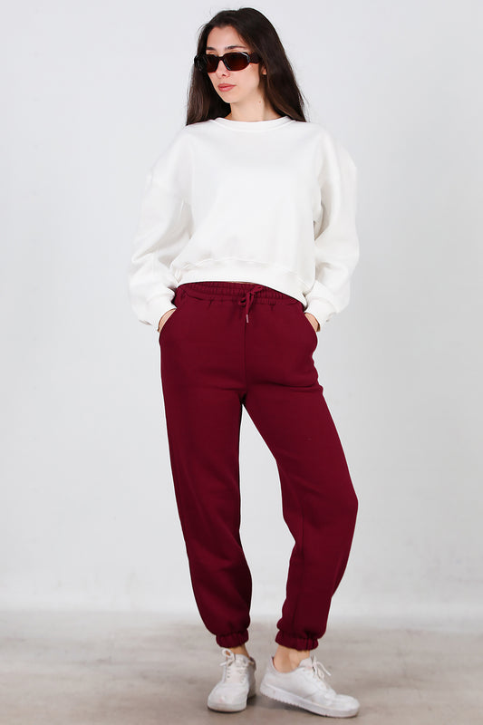 Kadın Bel Paça Lastikli Üç İplik Eşofman Bordo