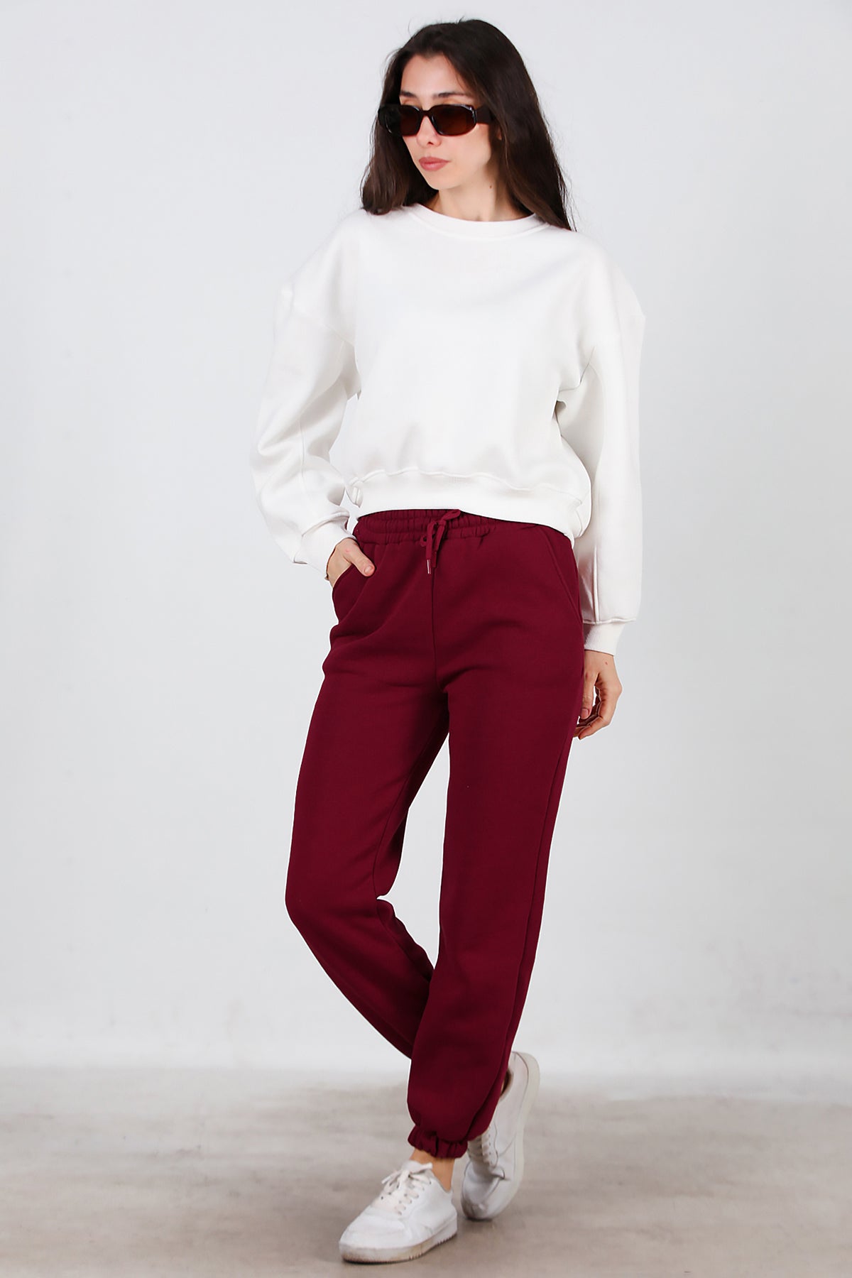 Kadın Bel Paça Lastikli Üç İplik Eşofman Bordo