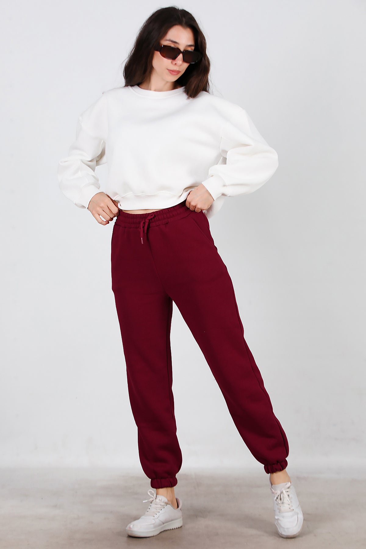 Kadın Bel Paça Lastikli Üç İplik Eşofman Bordo