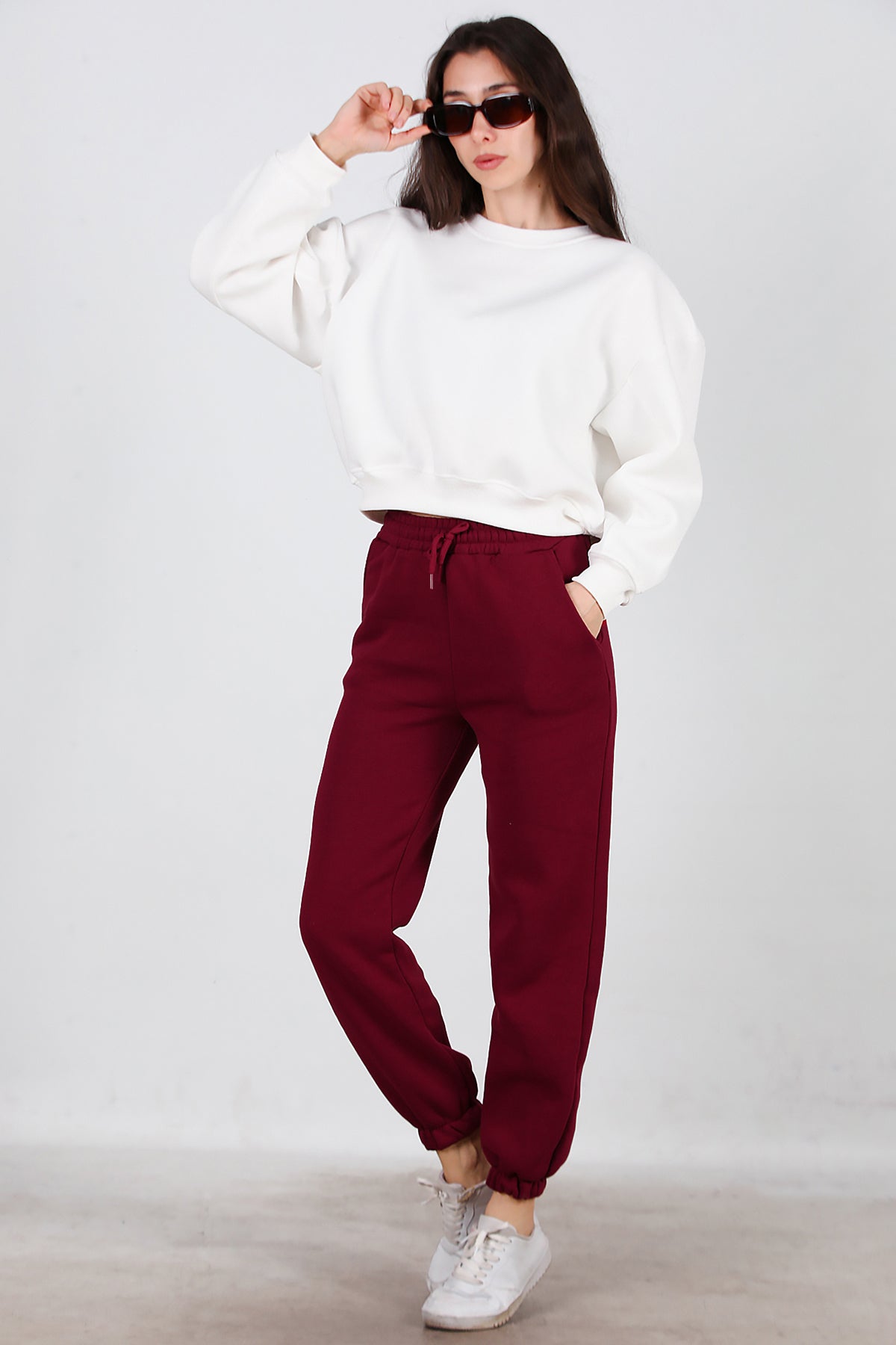 Kadın Bel Paça Lastikli Üç İplik Eşofman Bordo