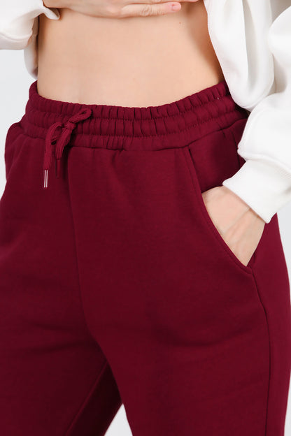 Kadın Bel Paça Lastikli Üç İplik Eşofman Bordo