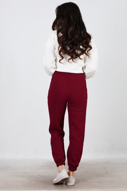 Kadın Bel Paça Lastikli Üç İplik Eşofman Bordo