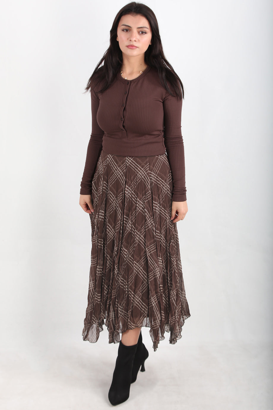 Asymplaid Kadın Ekose Desenli Asimetrik Etek Kahverengi