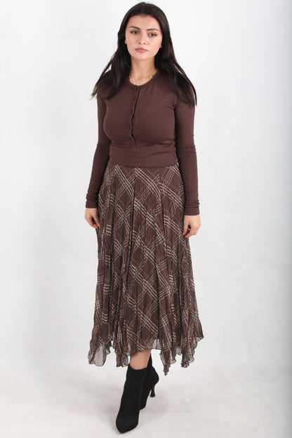 Asymplaid Kadın Ekose Desenli Asimetrik Etek Kahverengi