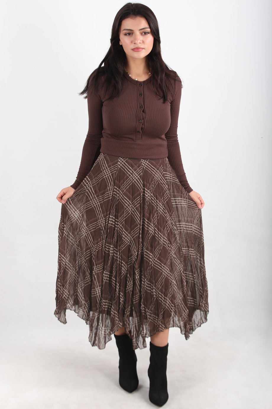 Asymplaid Kadın Ekose Desenli Asimetrik Etek Kahverengi