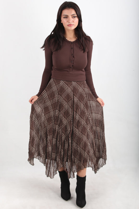 Asymplaid Kadın Ekose Desenli Asimetrik Etek Kahverengi