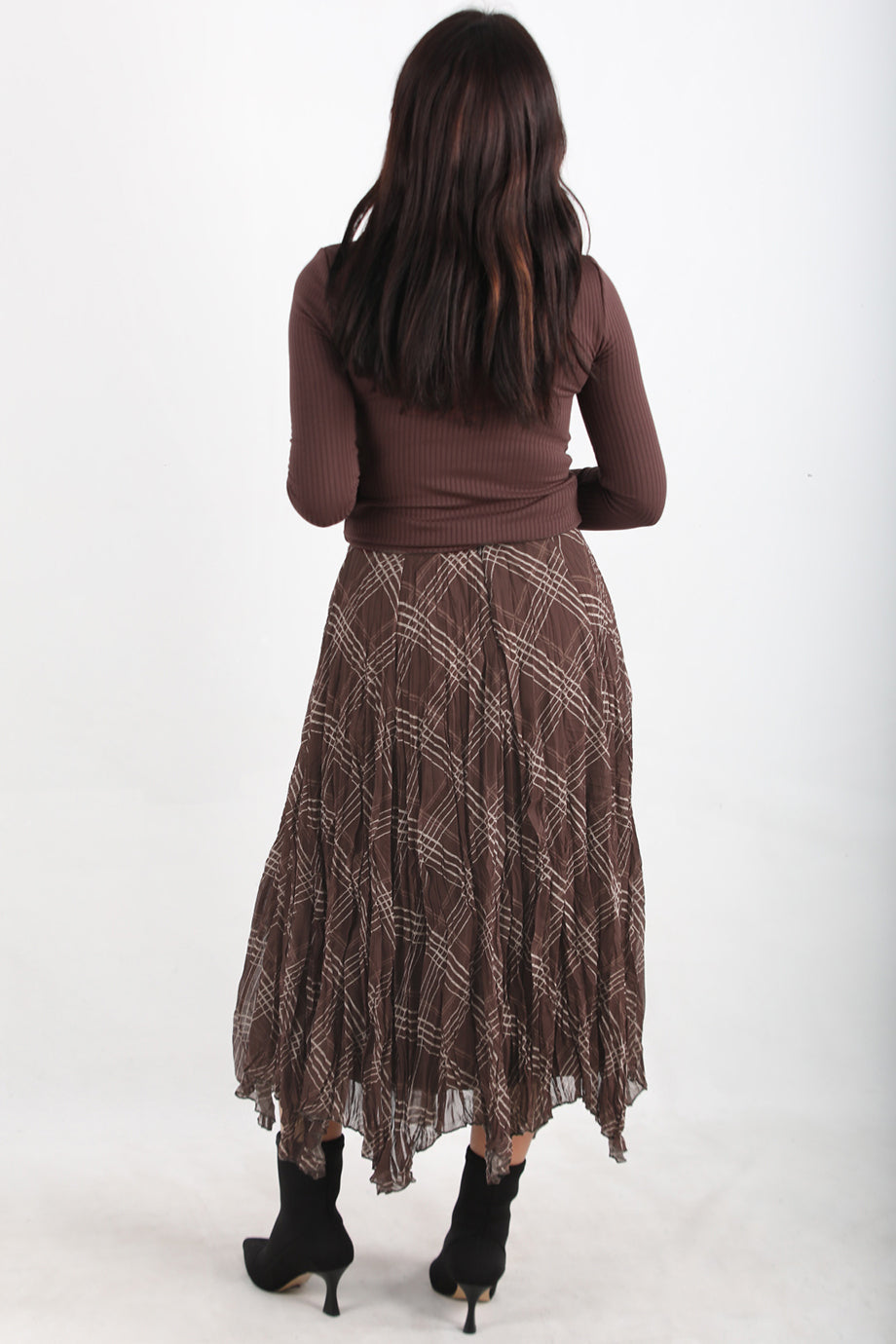 Asymplaid Kadın Ekose Desenli Asimetrik Etek Kahverengi