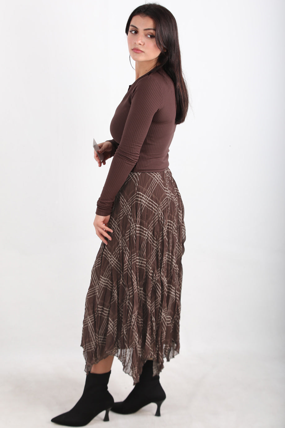 Asymplaid Kadın Ekose Desenli Asimetrik Etek Kahverengi